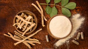 Ashwagandha roots, powder, and capsules for herbal supplement capsule filling