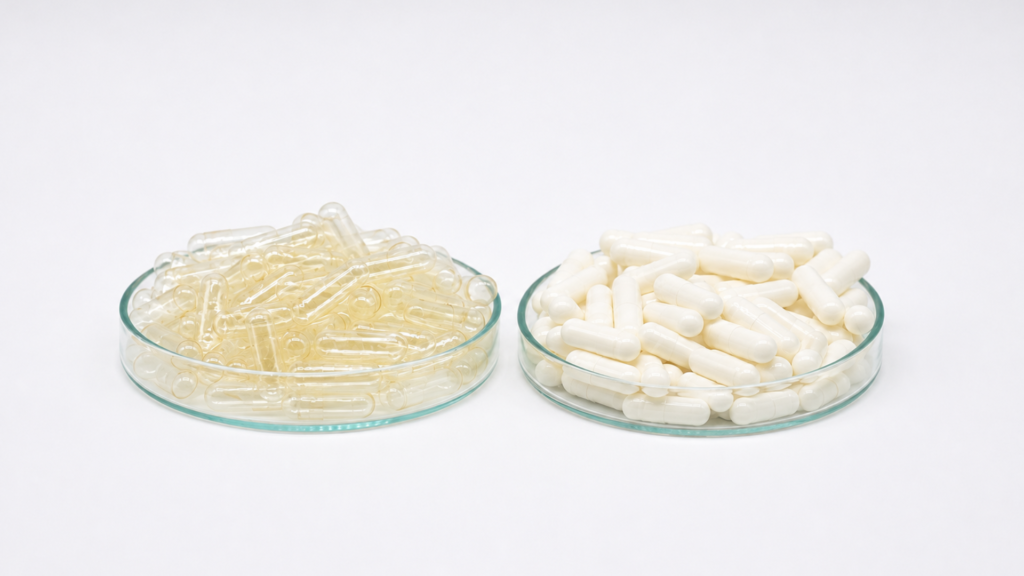 Clear HPMC capsules and white gelatin capsules compared side by side in glass dishes.
