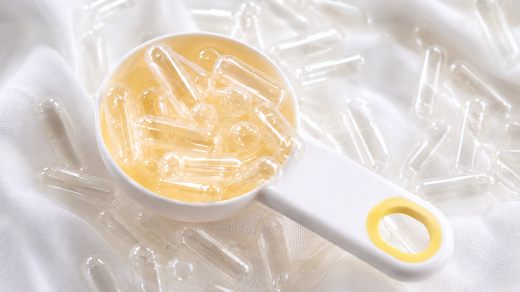 Scoop of empty capsules ready for filling.