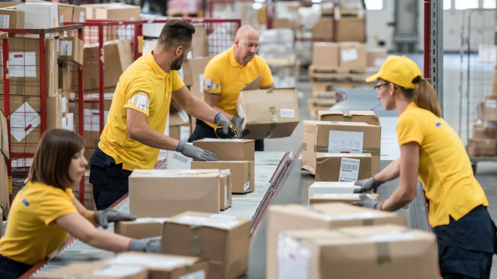 Warehouse workers sorting bulk shipping boxes on a conveyor belt.